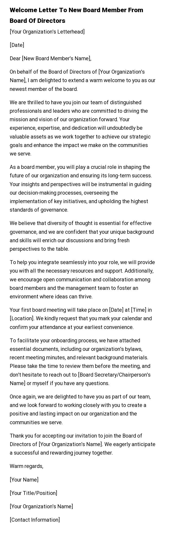 Welcome Letter To New Board Member From Board Of Directors