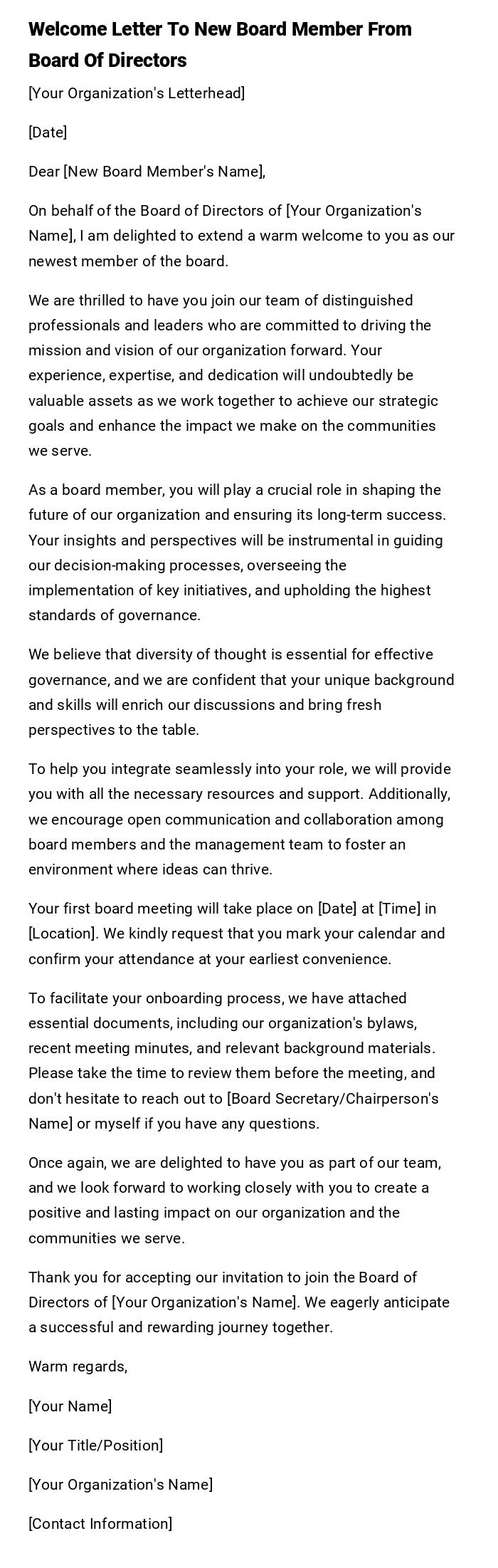 Welcome Letter To New Board Member From Board Of Directors