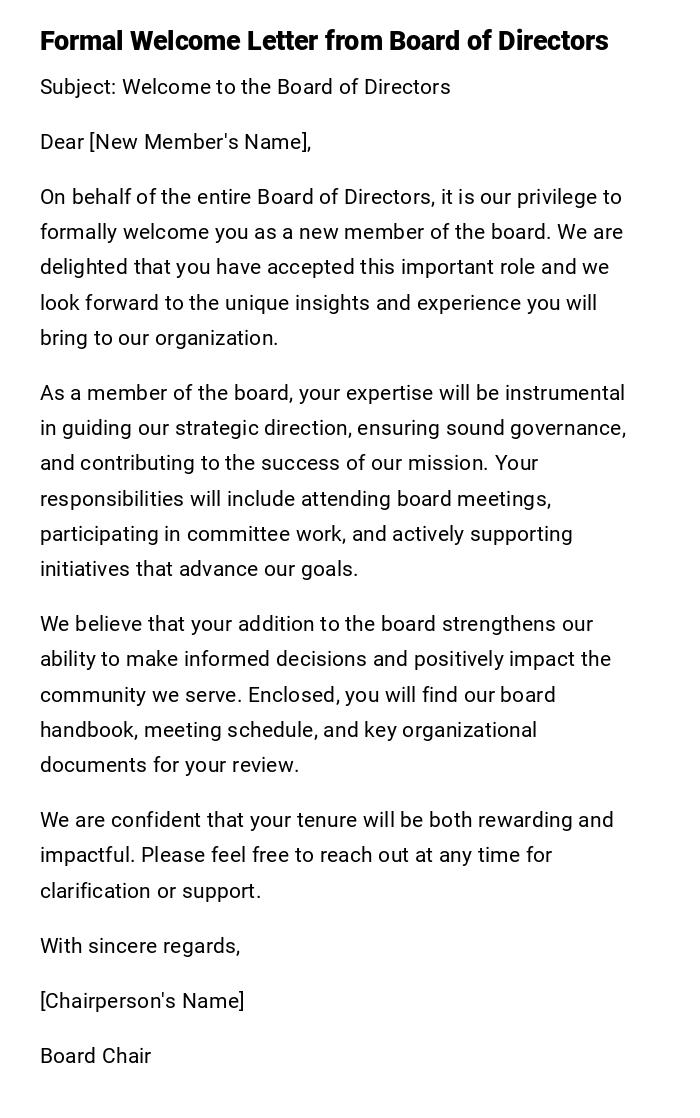 Formal Welcome Letter from Board of Directors