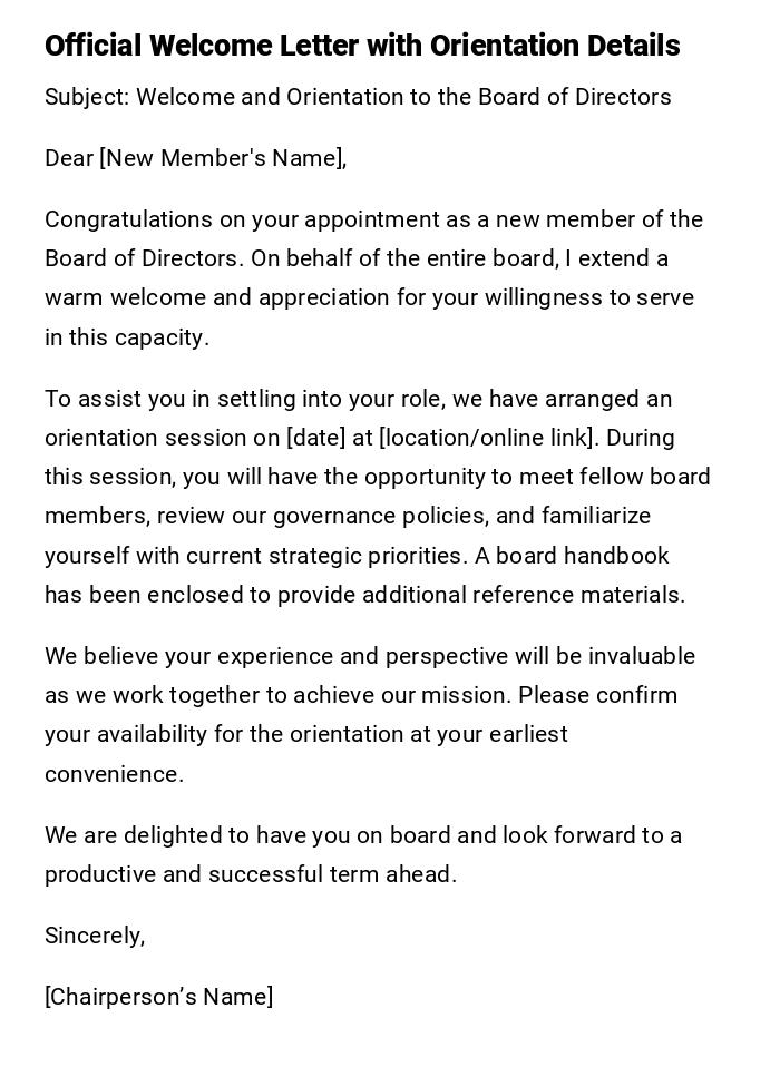 Official Welcome Letter with Orientation Details