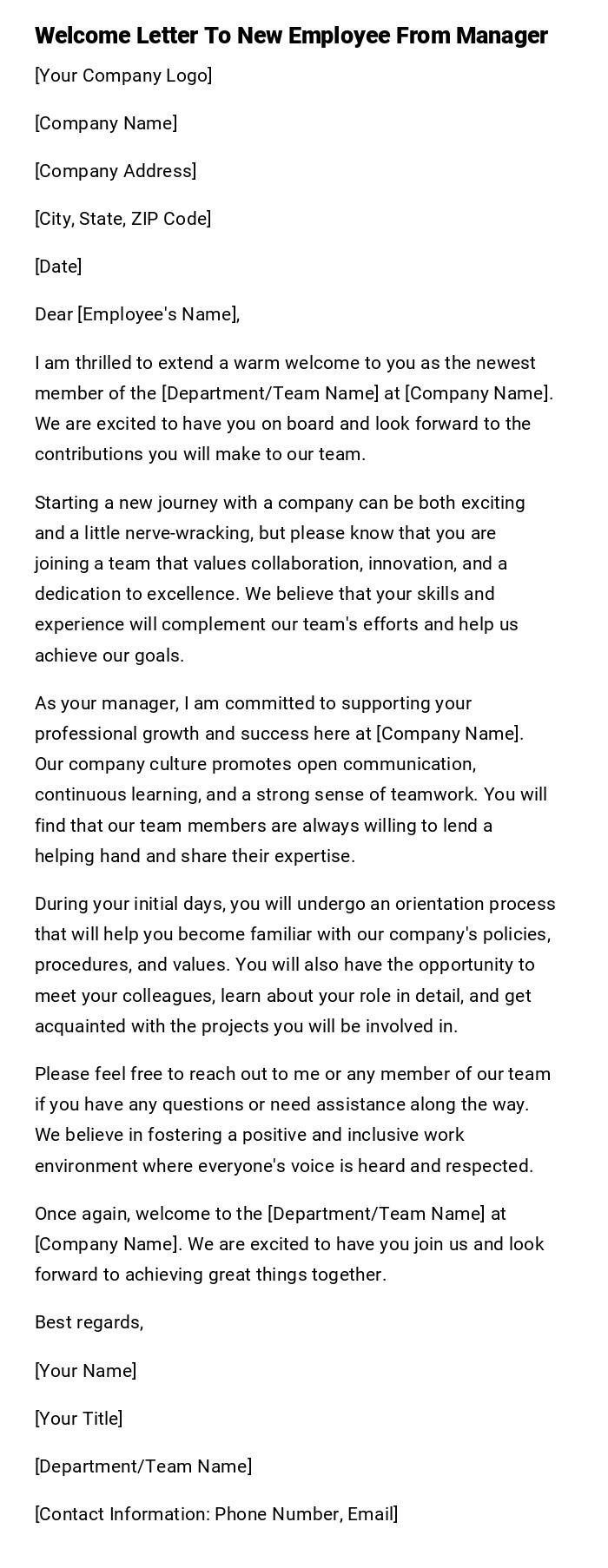 Welcome Letter To New Employee From Manager