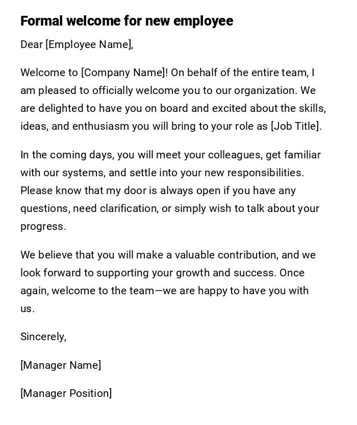 Formal welcome for new employee Formal welcome for new employee