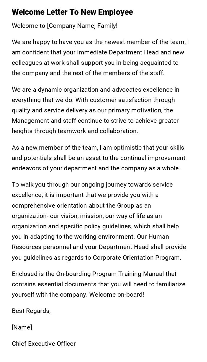 Welcome Letter To New Employee