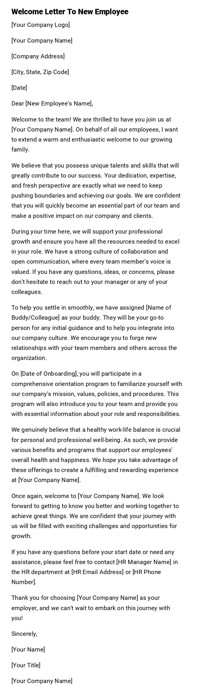 Welcome Letter To New Employee