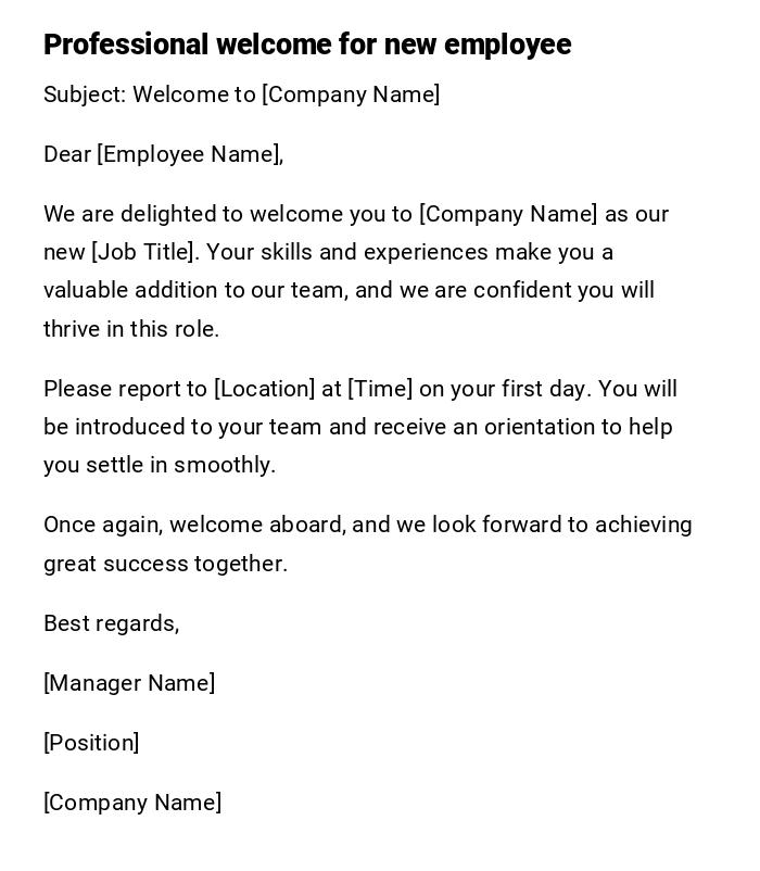 Professional welcome for new employee