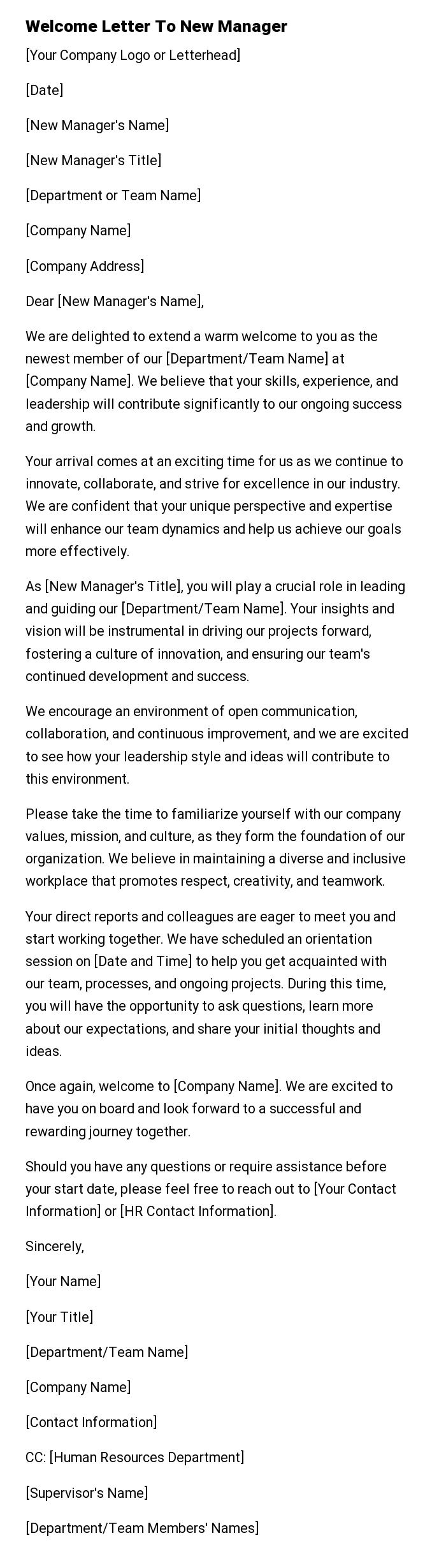 Welcome Letter To New Manager