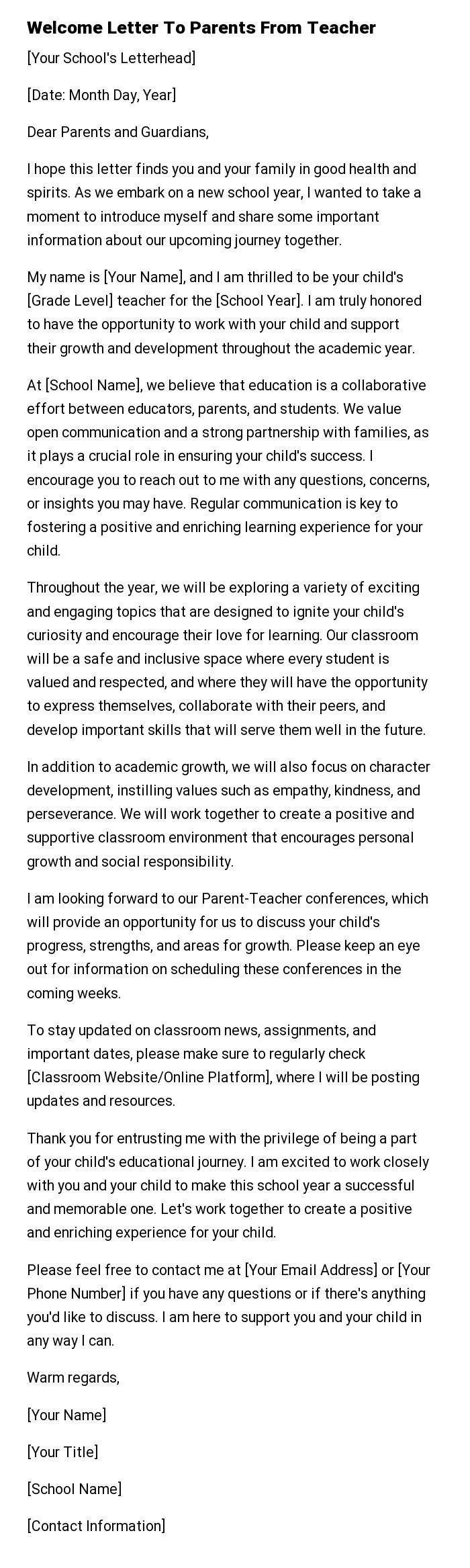 Welcome Letter To Parents From Teacher