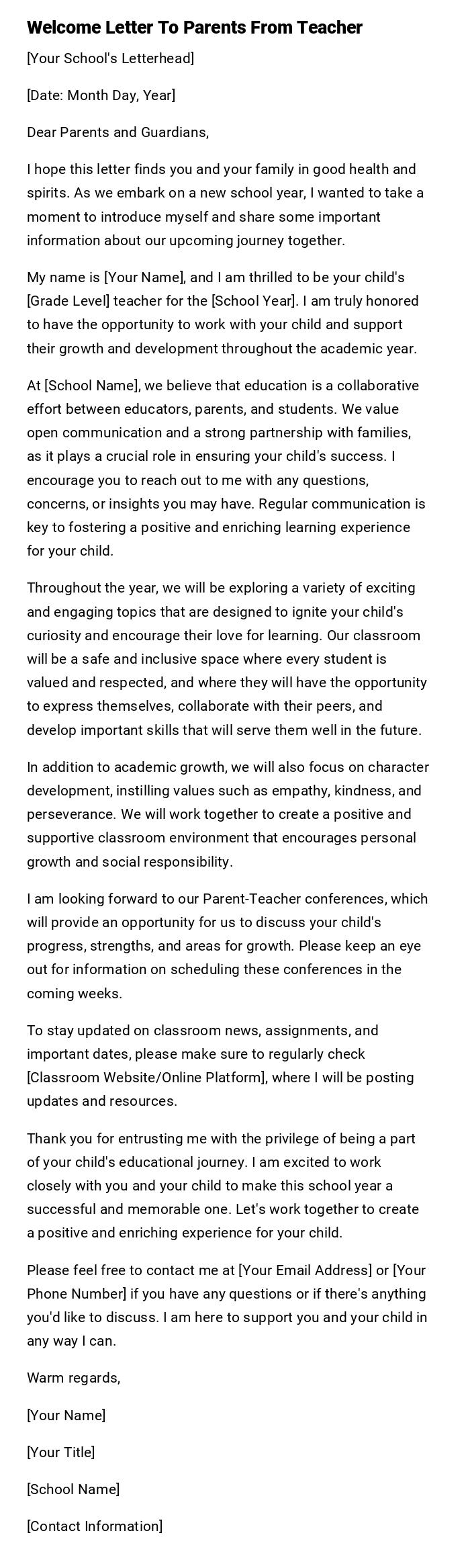 Welcome Letter To Parents From Teacher