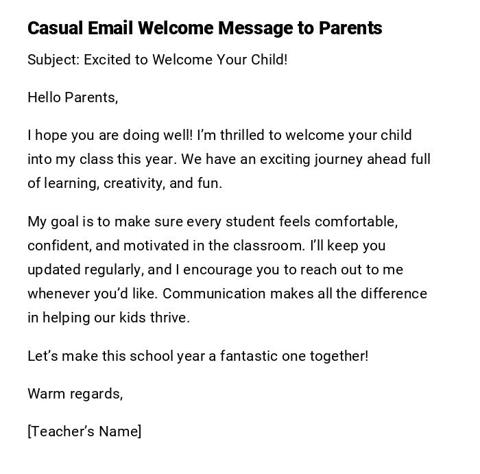 Casual Email Welcome Message to Parents Casual Email Welcome Message to Parents
