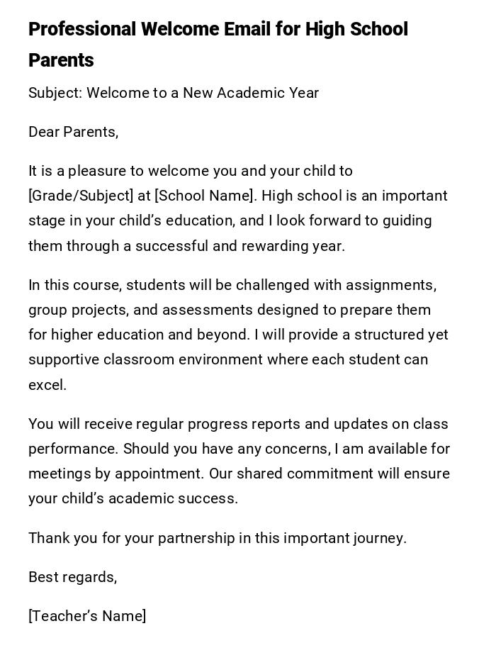 Professional Welcome Email for High School Parents Professional Welcome Email for High School Parents