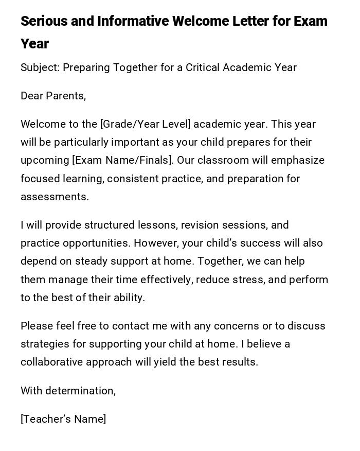 Serious and Informative Welcome Letter for Exam Year Serious and Informative Welcome Letter for Exam Year