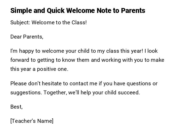 Simple and Quick Welcome Note to Parents Simple and Quick Welcome Note to Parents