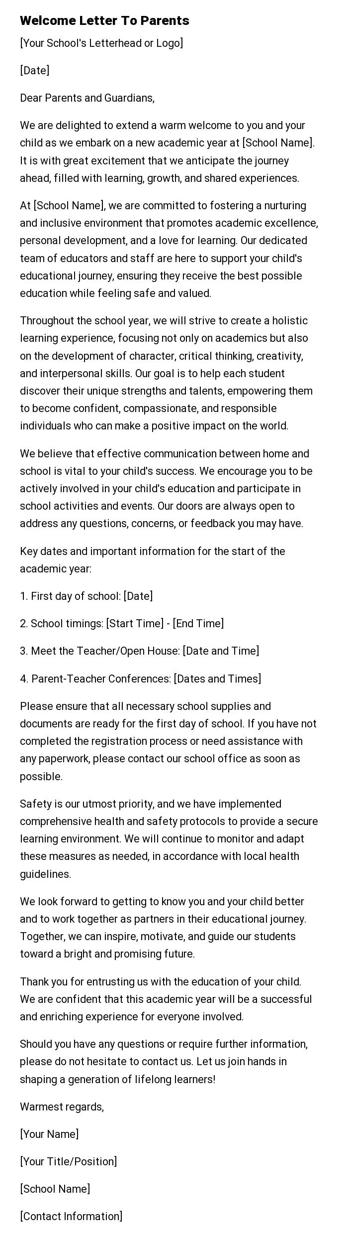 Welcome Letter To Parents