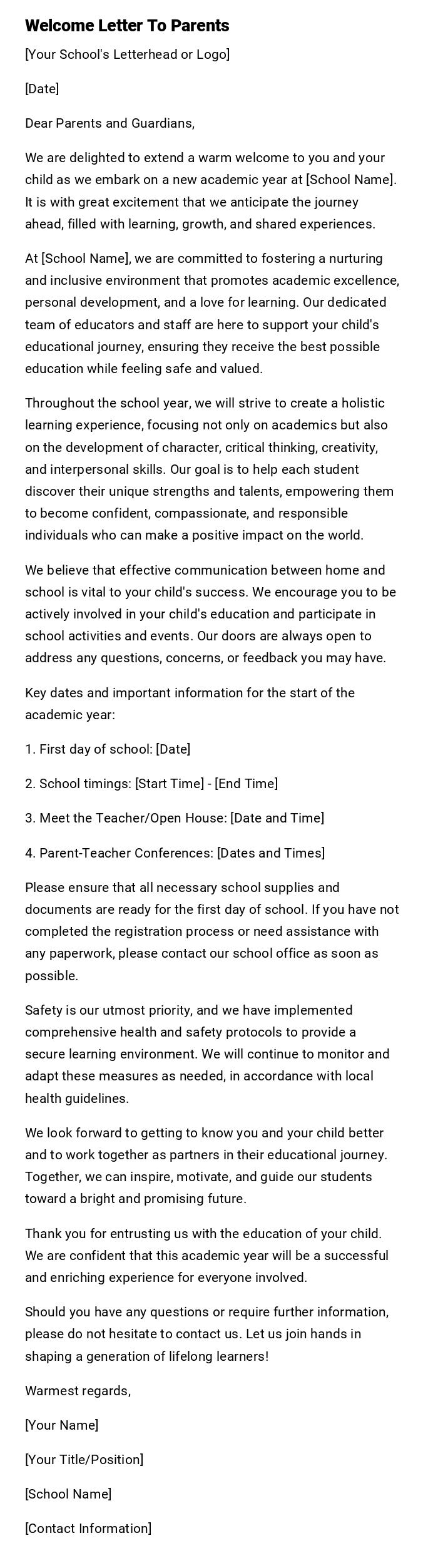 Welcome Letter To Parents