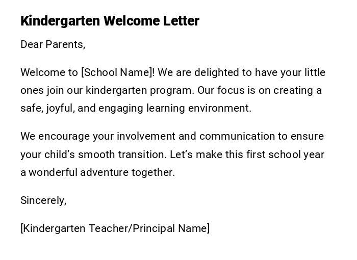 Kindergarten Welcome Letter