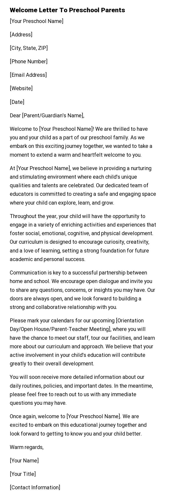 Welcome Letter To Preschool Parents