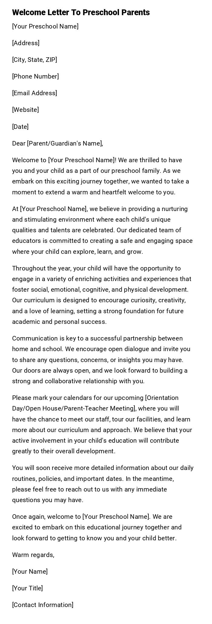 Welcome Letter To Preschool Parents