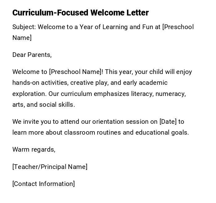 Curriculum-Focused Welcome Letter Curriculum-Focused Welcome Letter