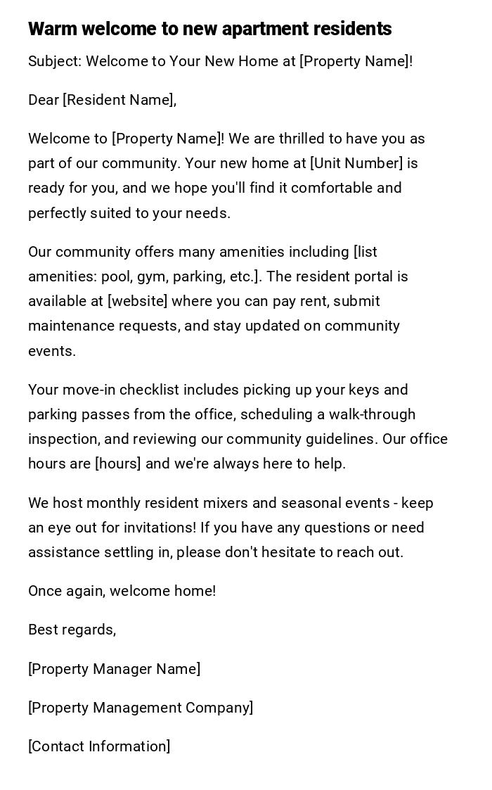 Warm welcome to new apartment residents Warm welcome to new apartment residents