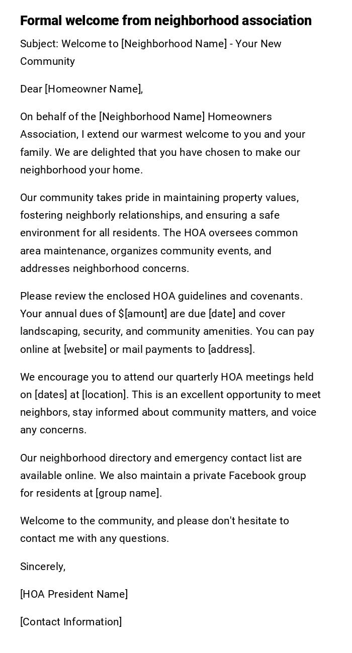 Formal welcome from neighborhood association Formal welcome from neighborhood association