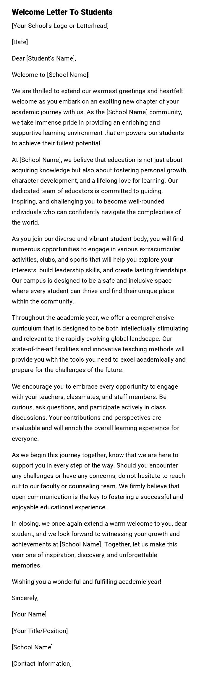 Welcome Letter To Students