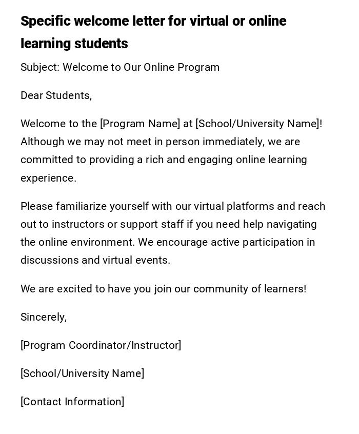 Specific welcome letter for virtual or online learning students Specific welcome letter for virtual or online learning students