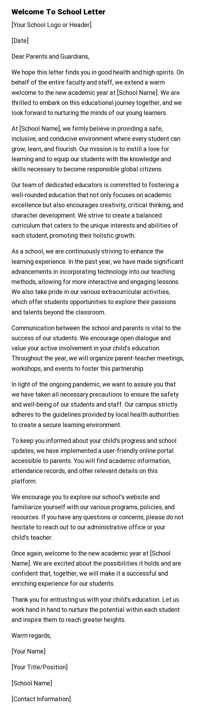 Welcome To School Letter