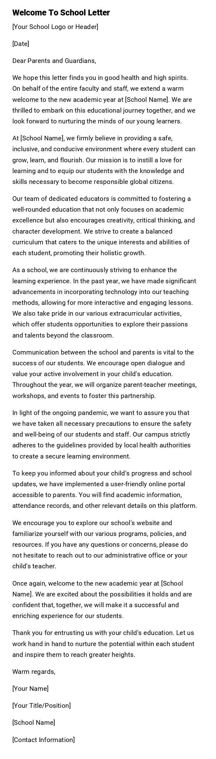 Welcome To School Letter