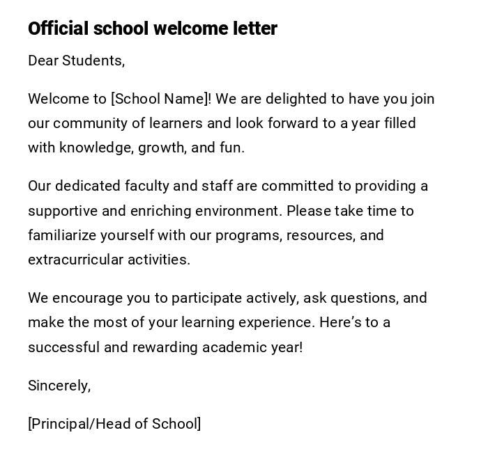 Official school welcome letter Official school welcome letter