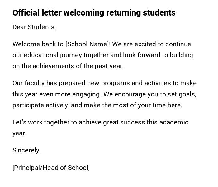 Official letter welcoming returning students Official letter welcoming returning students