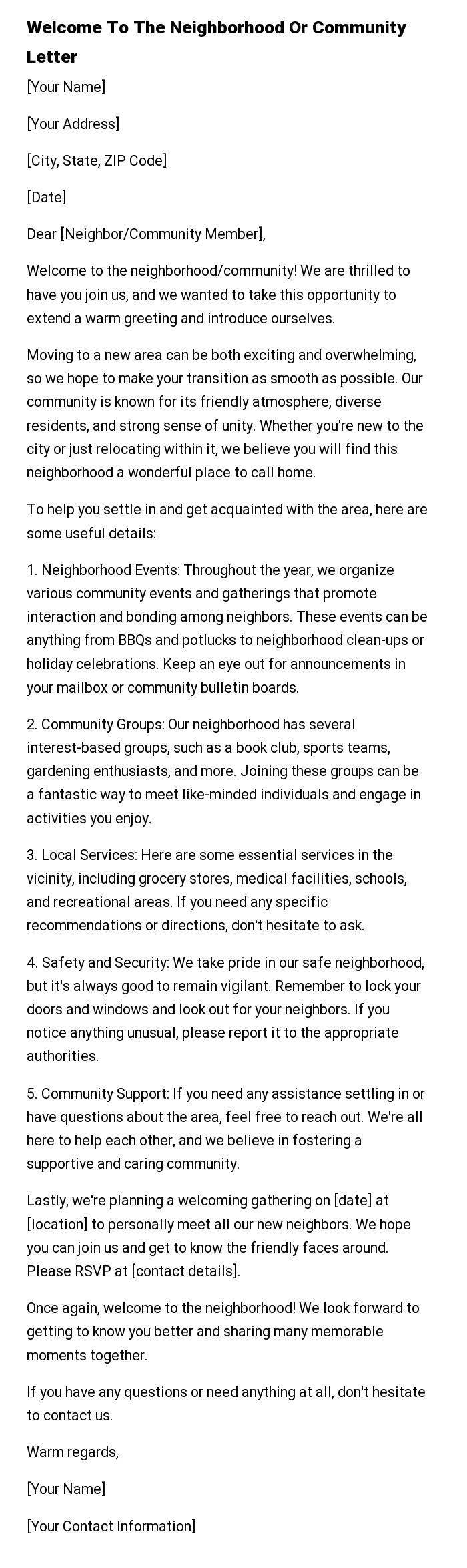 Welcome To The Neighborhood Or Community Letter