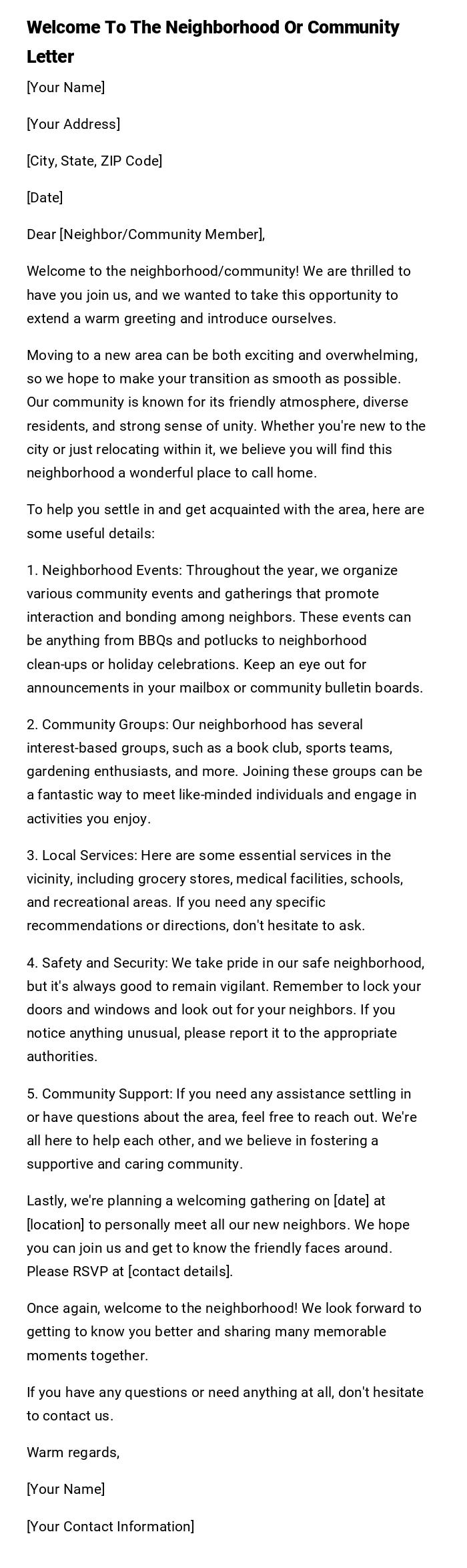 Welcome To The Neighborhood Or Community Letter