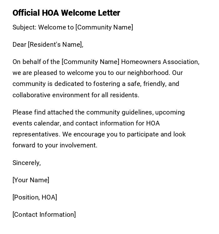 Official HOA Welcome Letter