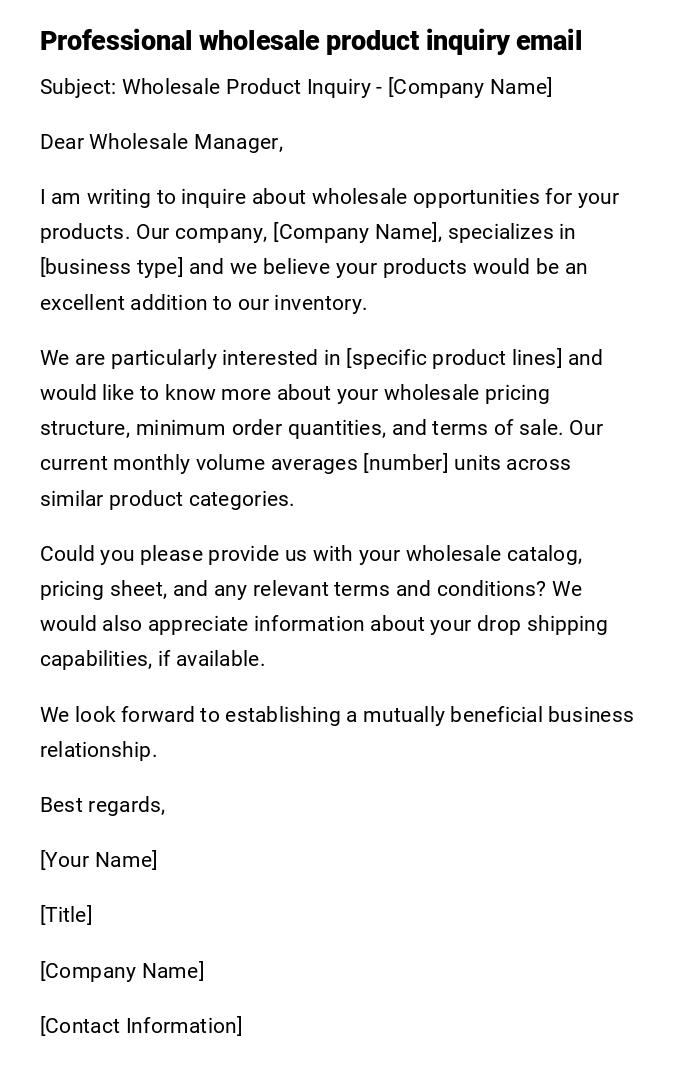 Professional wholesale product inquiry email