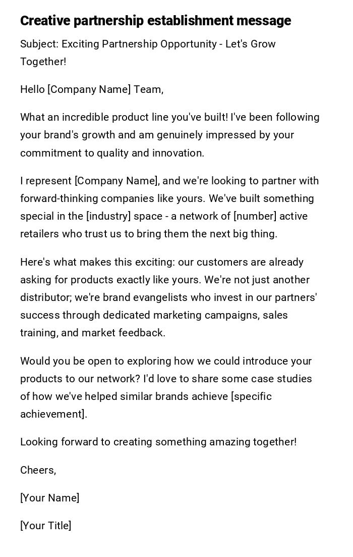 Creative partnership establishment message