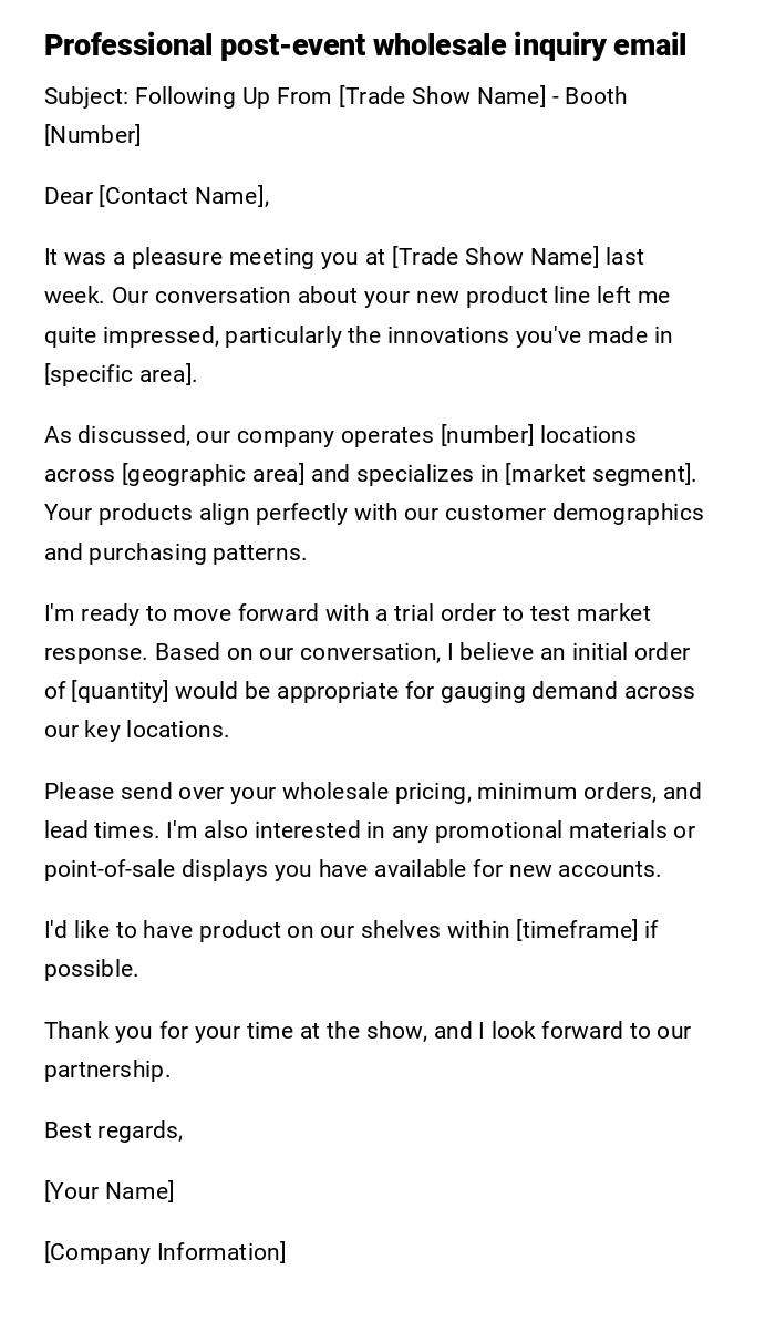 Professional post-event wholesale inquiry email