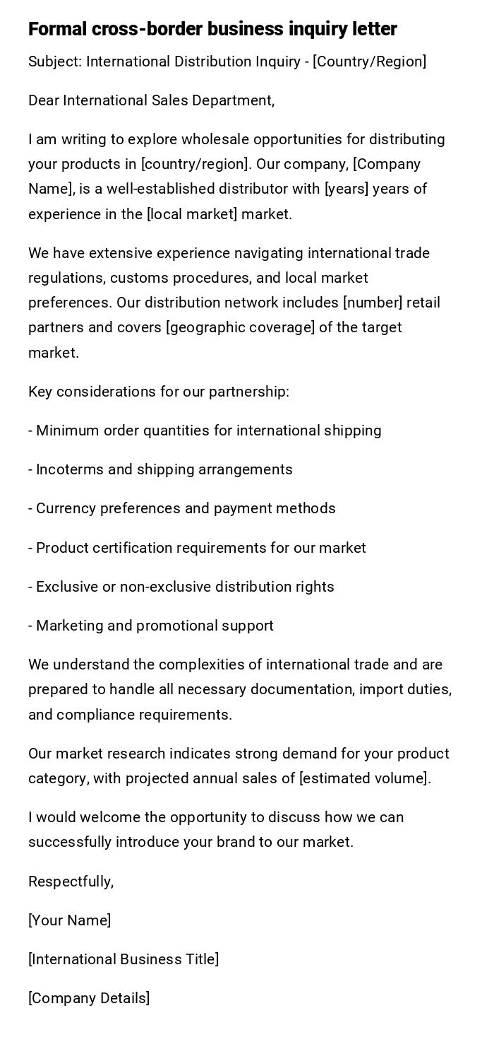 Formal cross-border business inquiry letter