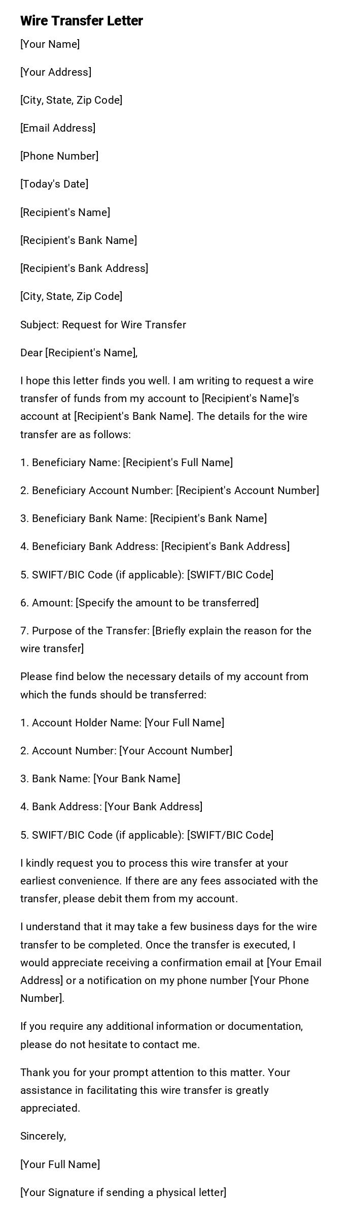 Wire Transfer Letter Wire Transfer Letter