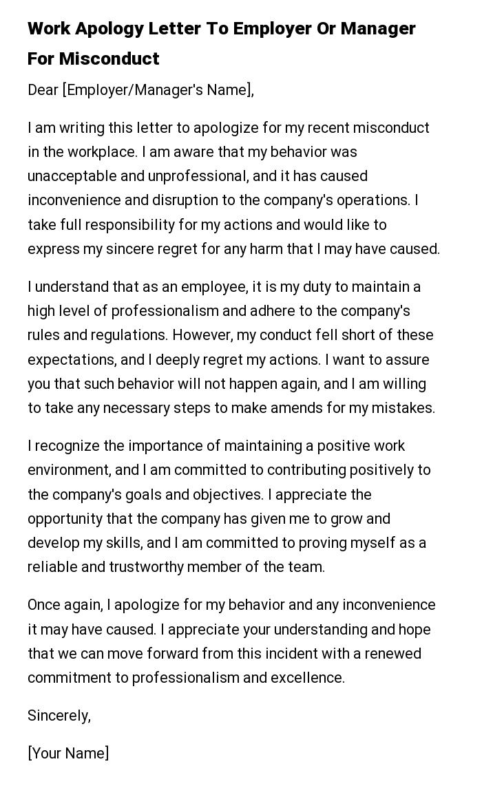 Work Apology Letter To Employer Or Manager For Misconduct