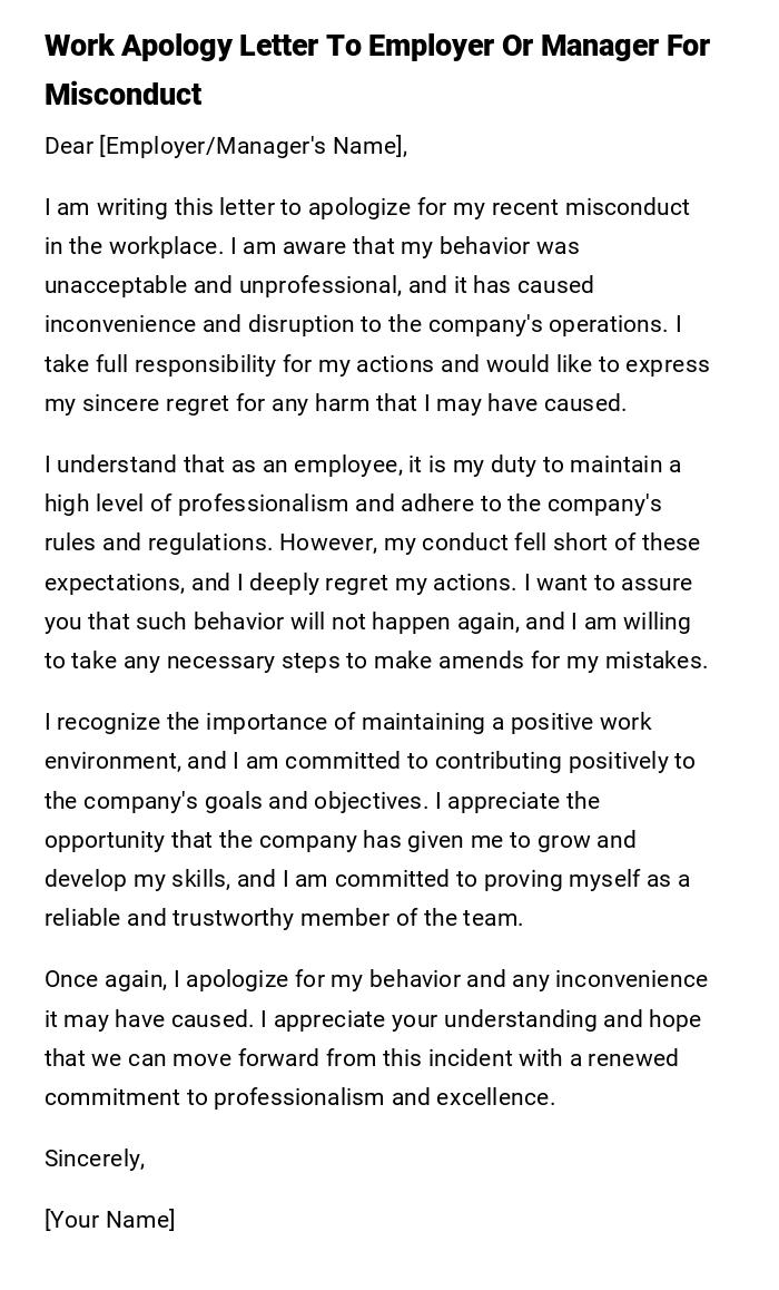 Work Apology Letter To Employer Or Manager For Misconduct