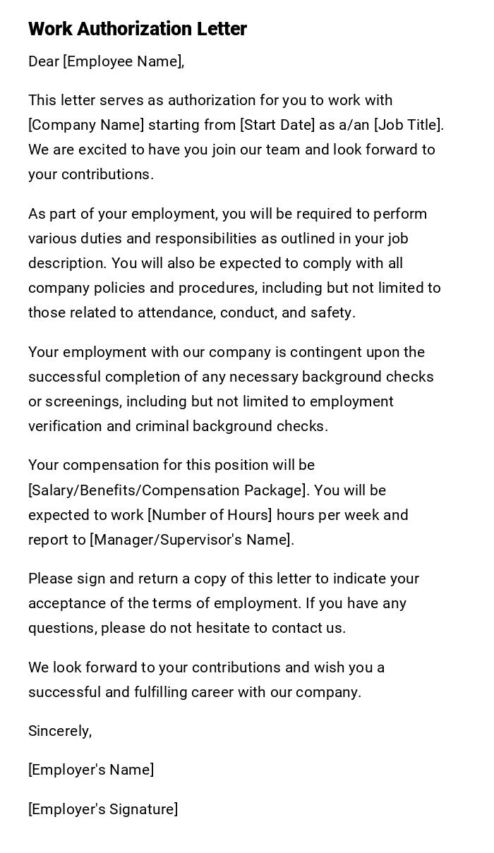Work Authorization Letter Work Authorization Letter