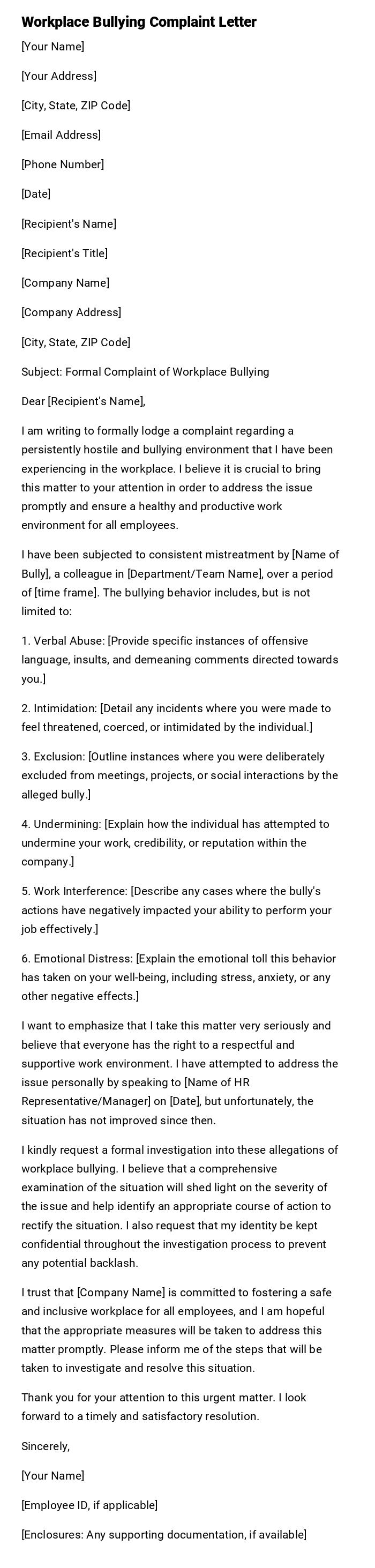 Workplace Bullying Complaint Letter