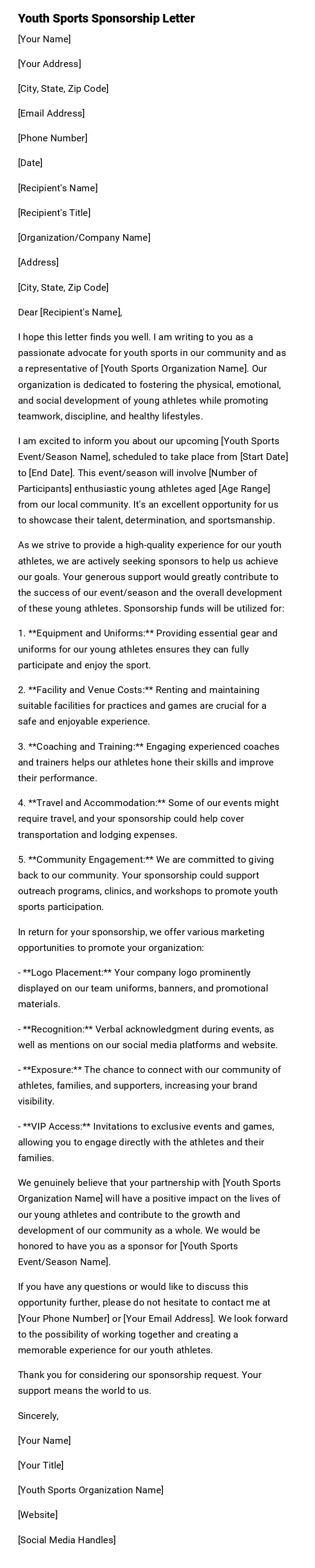 Youth Sports Sponsorship Letter