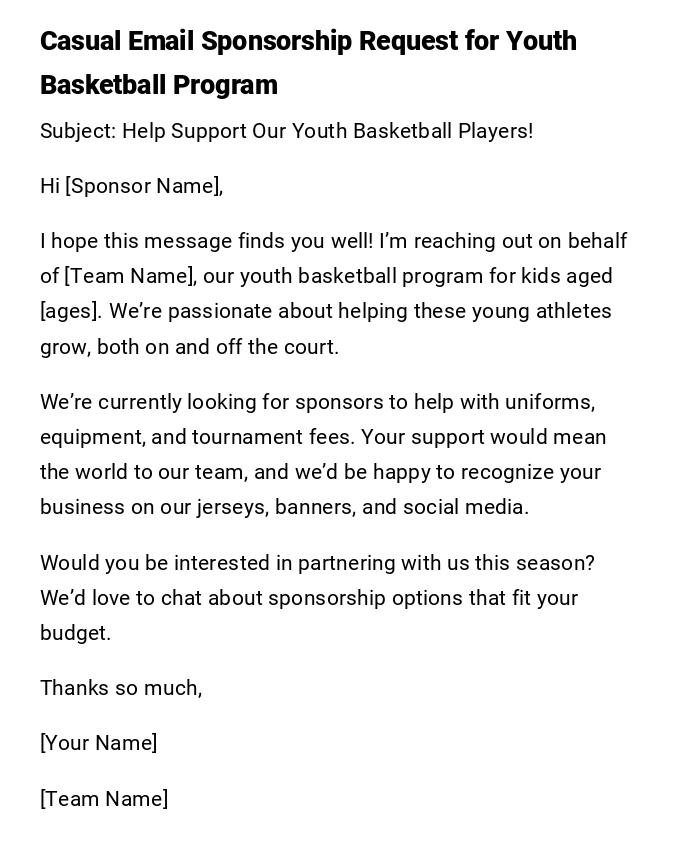 Casual Email Sponsorship Request for Youth Basketball Program Casual Email Sponsorship Request for Youth Basketball Program