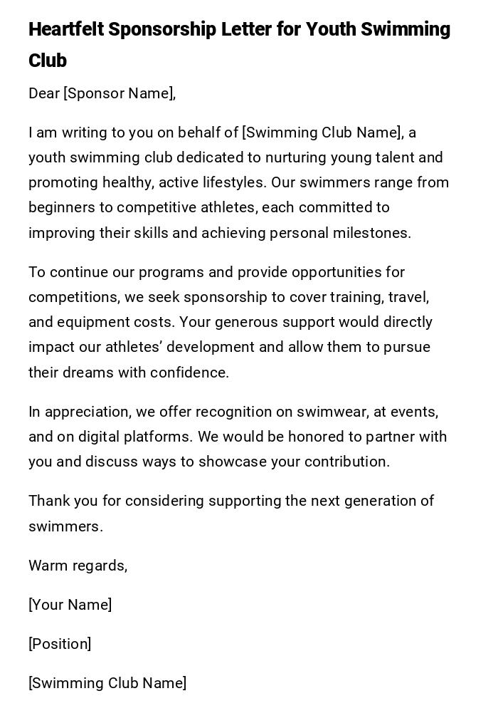 Heartfelt Sponsorship Letter for Youth Swimming Club Heartfelt Sponsorship Letter for Youth Swimming Club