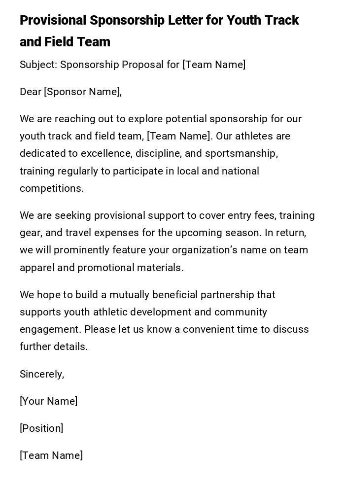 Provisional Sponsorship Letter for Youth Track and Field Team Provisional Sponsorship Letter for Youth Track and Field Team