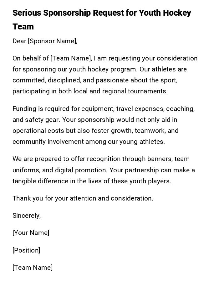 Serious Sponsorship Request for Youth Hockey Team Serious Sponsorship Request for Youth Hockey Team