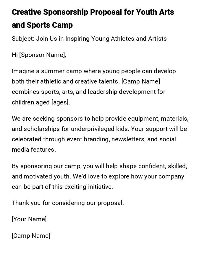 Creative Sponsorship Proposal for Youth Arts and Sports Camp Creative Sponsorship Proposal for Youth Arts and Sports Camp